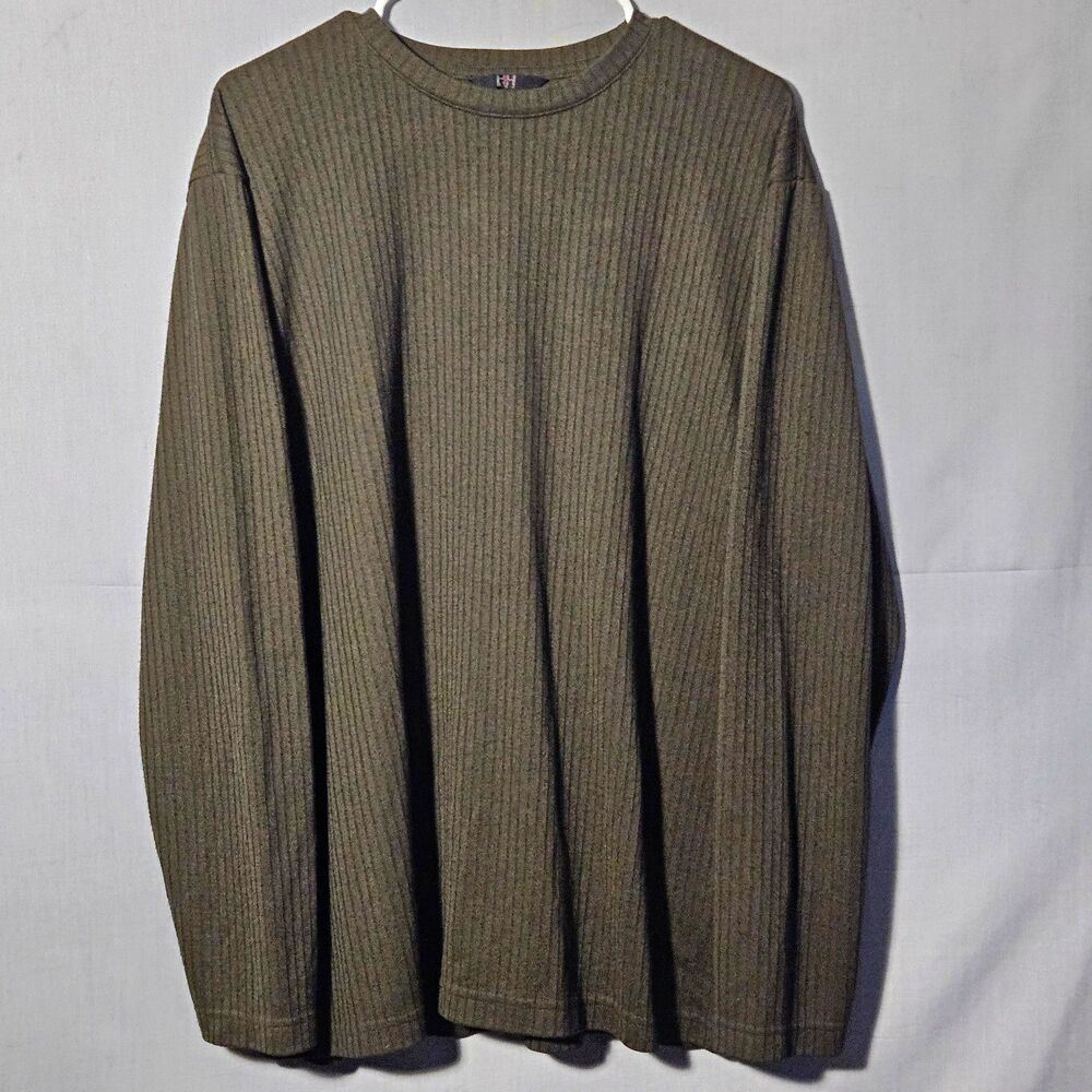 H&H Shirt Long Sleeve USA Made Ribbed Knit Mens L Dark Olive Green Midlayer